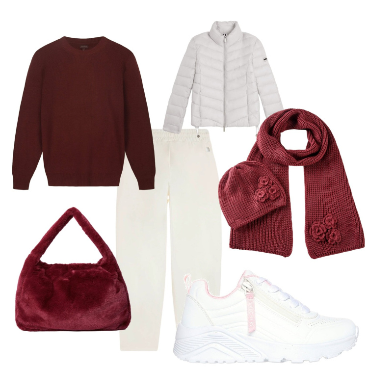 Outfit donna - Comoda. Stile Urban per Tutti i giorni. Abbinamento con sciarpe, pantaloni, piumini, borse a spalla, sneakers alte, maglieria.