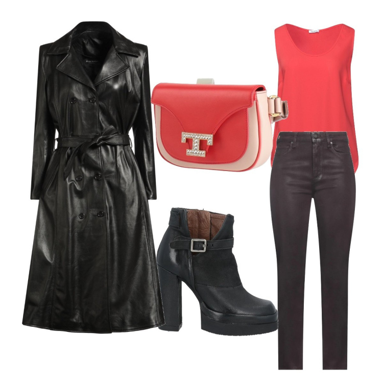 Outfit donna - In discoteca. Stile Glamour per Serata fuori. Abbinamento con jeans, marsupi, cappotti, stivaletti, top.