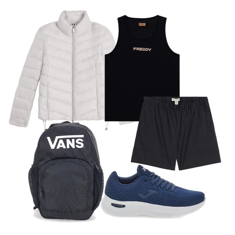 Outfit donna - Comoda in palestra. Stile Basic per Sport. Abbinamento con shorts, top sportivi, piumini, sneakers, zaini.