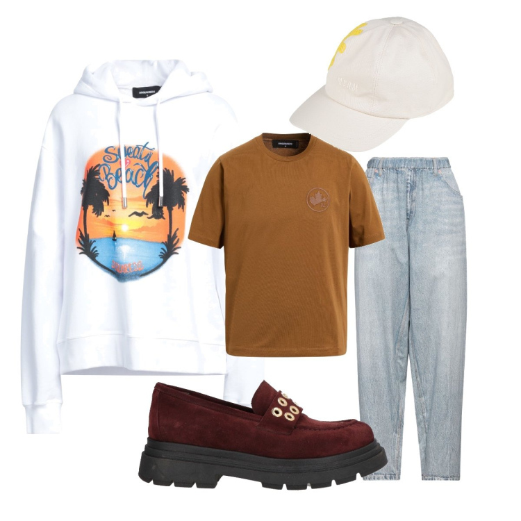 Outfit donna - Andare a scuola. Stile Urban per Scuola/Università. Abbinamento con mocassini, jeans, cappelli con visiera, felpe con cappuccio, t-shirt.