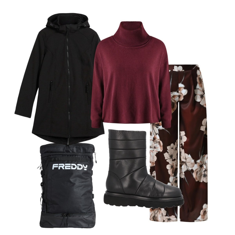 Outfit donna - Caldo maglione chic. Stile Casual chic per Tutti i giorni. Abbinamento con parka, stivaletti, pantaloni a palazzo, maglieria, zaini.