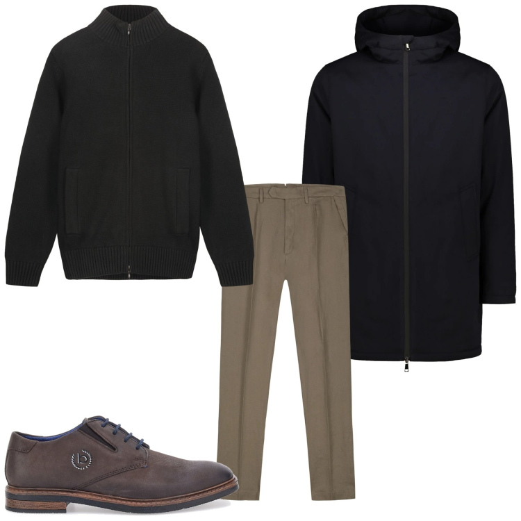 Outfit uomo - Urban style. Stile Urban per Tutti i giorni. Abbinamento con parka, scarpe stringate, pantaloni, cardigans.