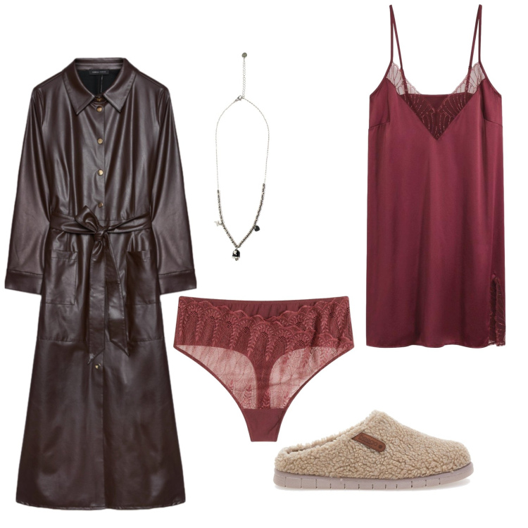 Outfit donna - Burgundy Lace. Stile Sexy per Serata fuori. Abbinamento con perizomi, sottovesti, ciondoli, vestiti chemisier, pantofole.