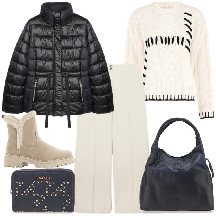 Outfit donna - Total look #2325700. Stile Urban per Tutti i giorni. Abbinamento con stivaletti, maglieria, pantaloni chino, portafogli, borse a mano, piumini.