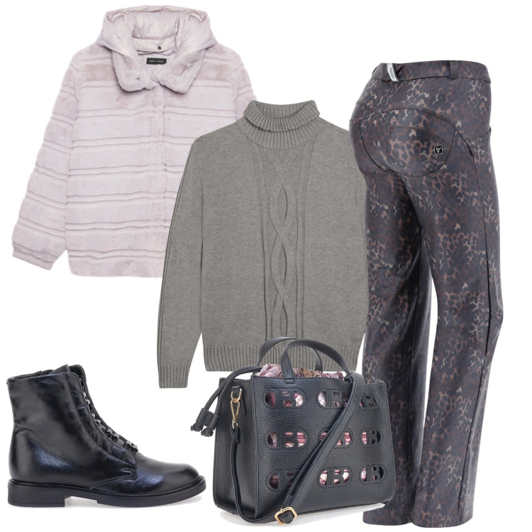 Outfit donna - Total look #2325701. Stile Urban per Tutti i giorni. Abbinamento con pantaloni, maglieria, borse a mano, stivaletti, ecopellicce.