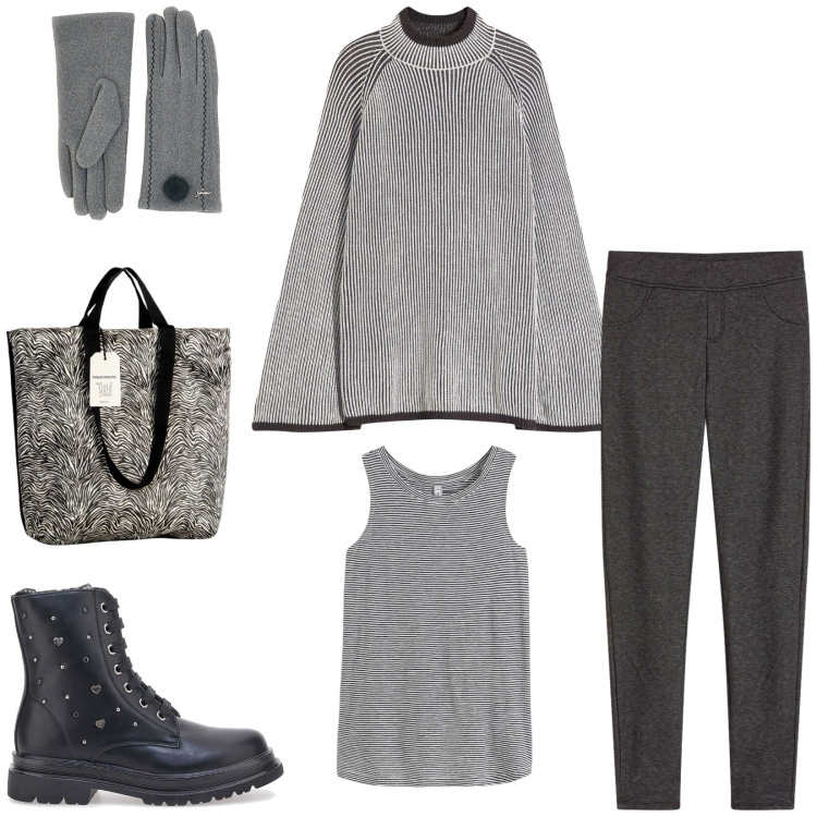 Outfit donna - Total look #2325703. Stile Urban per Tutti i giorni. Abbinamento con maglieria, jeggings, top, borse tote, anfibi, guanti.