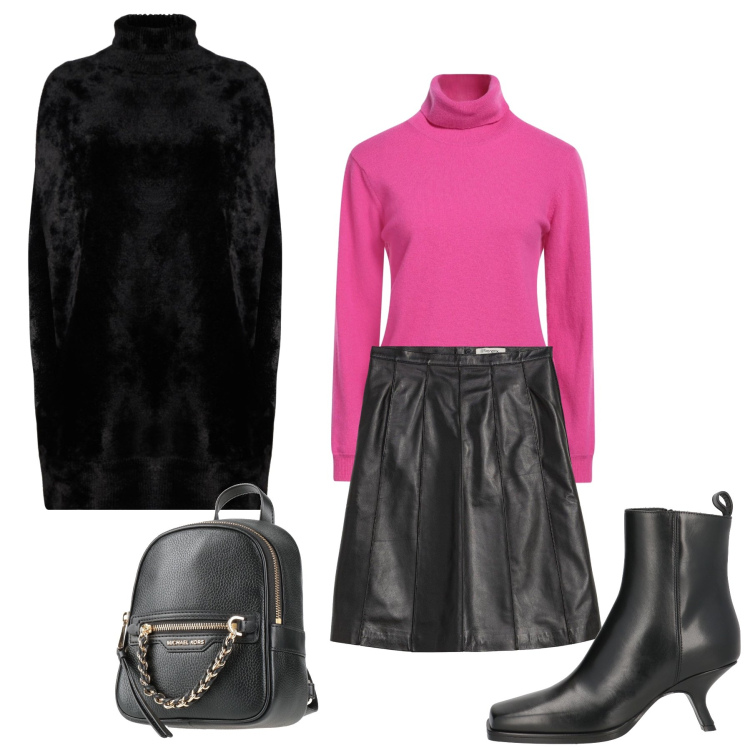 Outfit donna - Dolcevita Shock & Pelle Rock. Stile Glamour per Serata fuori. Abbinamento con gonne, stivaletti, maglieria, zaini, cappotti.