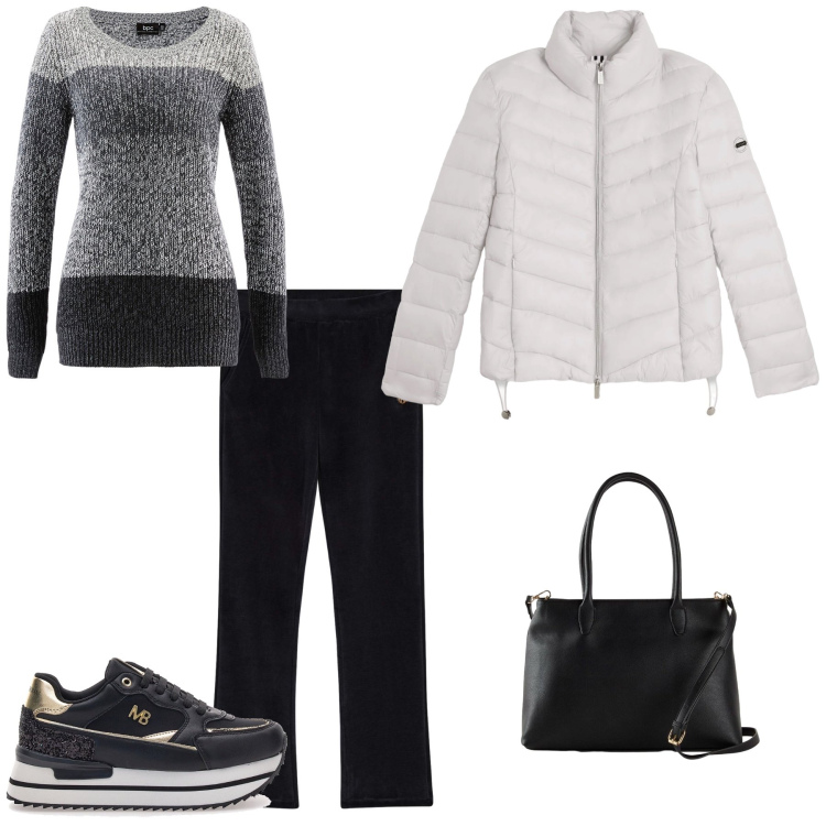 Outfit donna - Bianco e nero. Stile Casual per Tutti i giorni. Abbinamento con maglieria, borse a mano, piumini, pantaloni, sneakers.