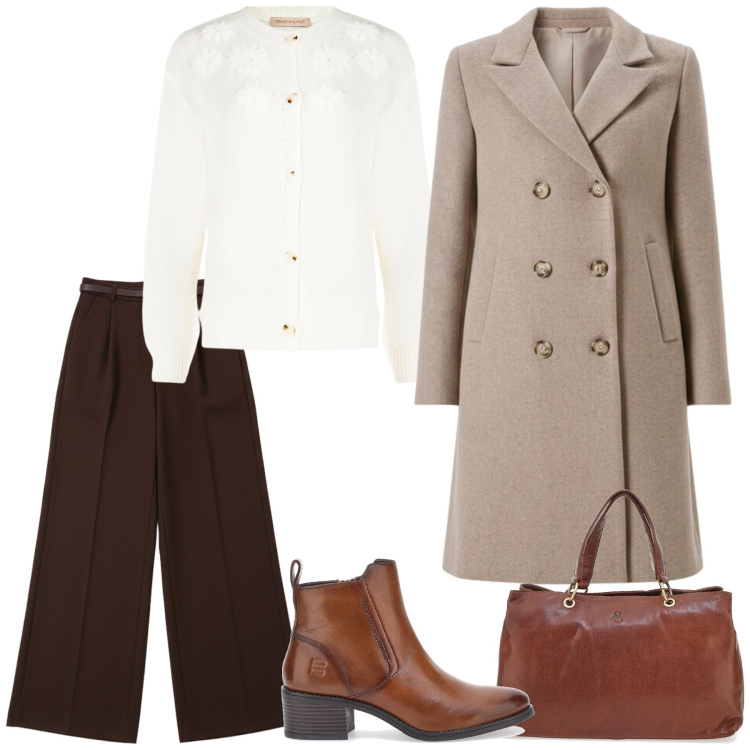Outfit donna - Minimal con toni caldi. Stile Minimal per Tutti i giorni. Abbinamento con cardigans, pantaloni a palazzo, cappotti, stivaletti, borse a tracolla.