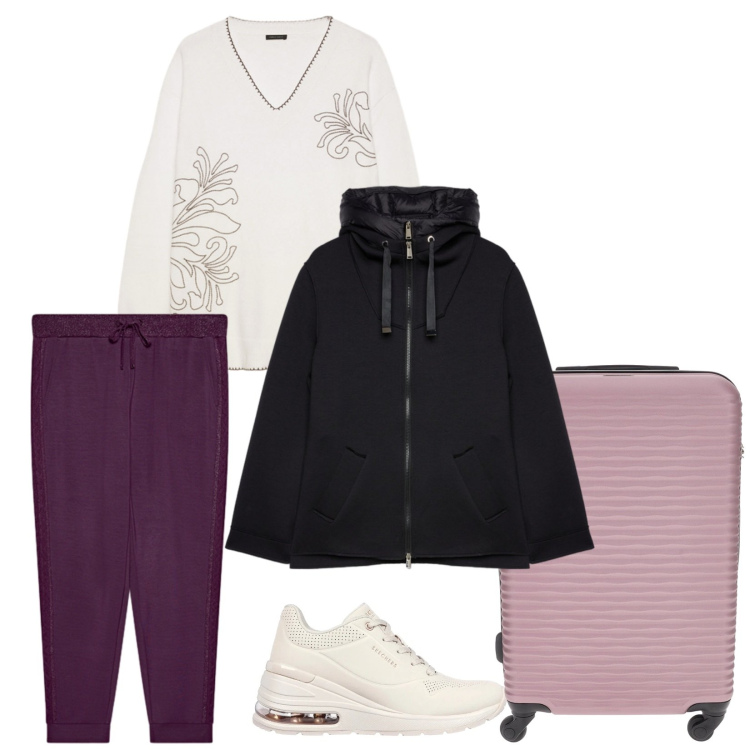 Outfit donna - Total look #2325711. Stile Casual chic per Tutti i giorni. Abbinamento con sneakers, blazer, pantaloni, valigie, maglieria.