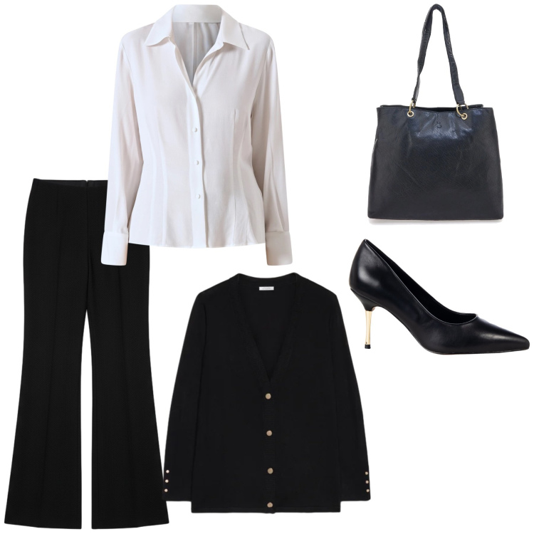 Outfit donna - Classico intramontabile. Stile Minimal per Tutti i giorni. Abbinamento con décolleté, camicie, pantaloni a palazzo, cardigans, shopping bag.