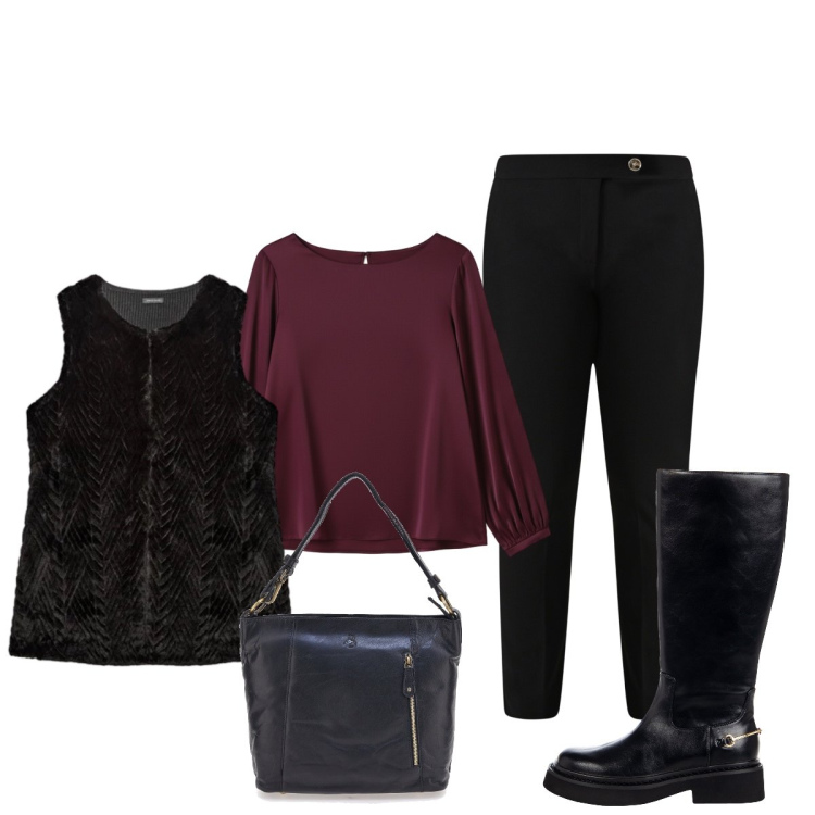 Outfit donna - Minimal elegante. Stile Minimal per Tutti i giorni. Abbinamento con pantaloni skinny, stivali sopra il ginocchio, bluse, maglieria, borse a spalla.