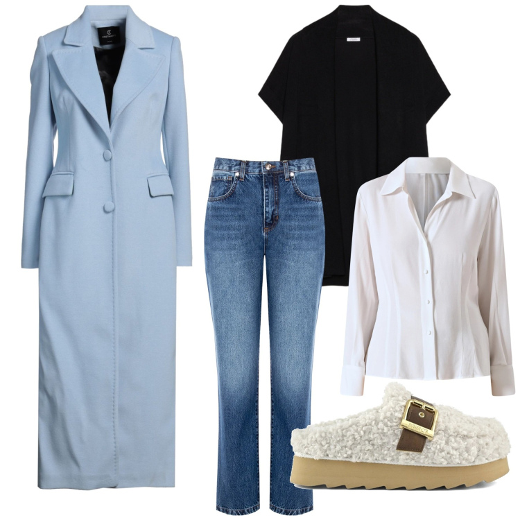 Outfit donna - Total look #2325720. Stile Trendy per Ufficio. Abbinamento con cappotti, jeans boyfriend, camicie, sabot, cardigans.