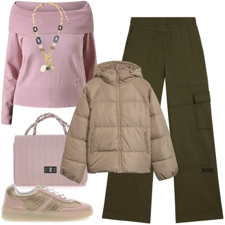 Outfit donna - I tuoi look primavera 2026. Stile Basic per Tutti i giorni. Abbinamento con giacche, pantaloni cargo, maglieria, sneakers, borse a tracolla, collane.