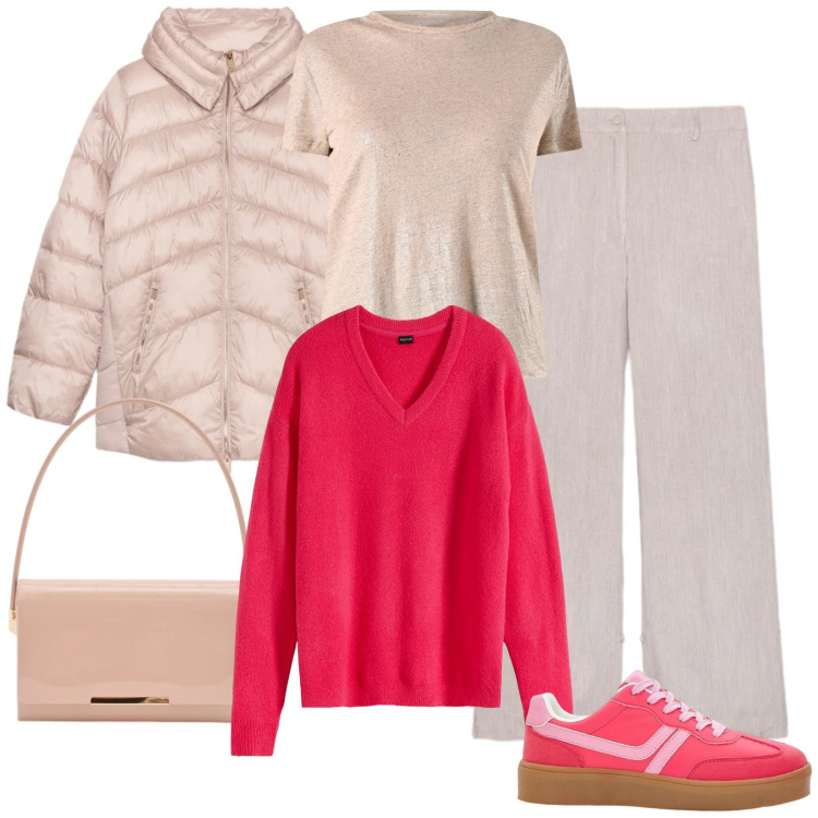 Outfit donna - Sneakers per lunghe camminate stilose. Stile Casual per Tutti i giorni. Abbinamento con maglieria, sneakers, t-shirt, pochette, pantaloni, piumini.