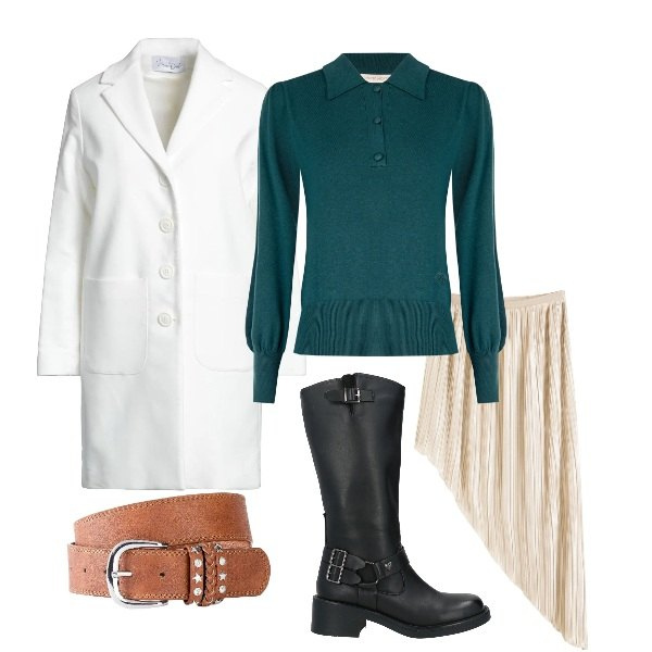 Outfit donna - cozy mood. Stile Glamour per Serata fuori. Abbinamento con gonne, cinture, cappotti, stivali, polo.