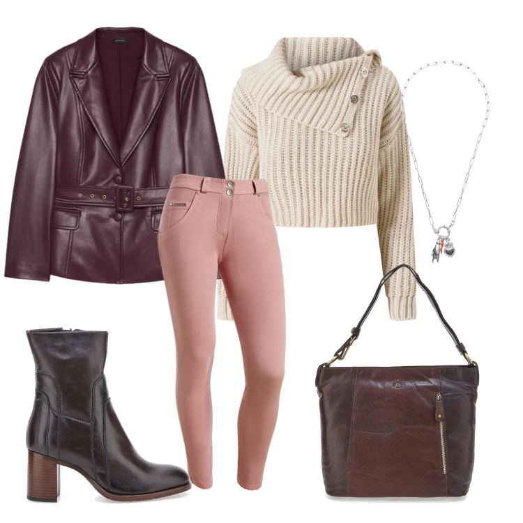 Outfit donna - Love but make it Fashion ed. Plus size. Stile Chic per Serata fuori. Abbinamento con pantaloni skinny, ciondoli, maglieria, stivaletti, blazer, borse a spalla.