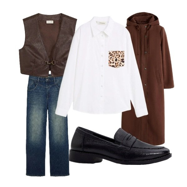Outfit donna - Bonprix. Stile Preppy per Ufficio. Abbinamento con camicie, mocassini, jeans dritti, gilet, cappotti.