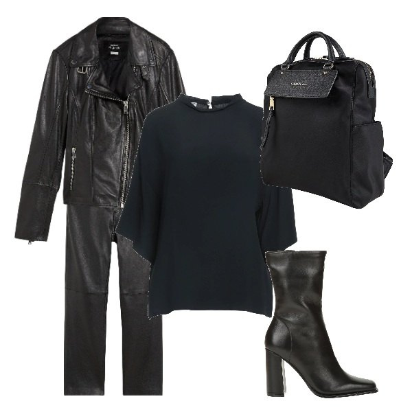 Outfit donna - BlAcK. Stile Rock per Serata fuori. Abbinamento con pantaloni, blazer, stivaletti, zaini, top.