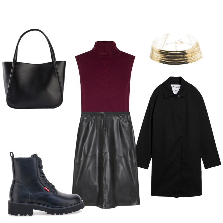 Outfit donna - Elegante ma non troppo. Stile Sporty chic per Serata fuori. Abbinamento con shopping bag, trench, braccialetti, pullovers, anfibi, gonne lunghe.