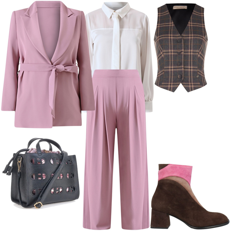 Outfit donna - Atmosfera romantica. Stile Chic per Tutti i giorni. Abbinamento con stivaletti, blazer, pantaloni a palazzo, camicie, gilet, borse a mano.