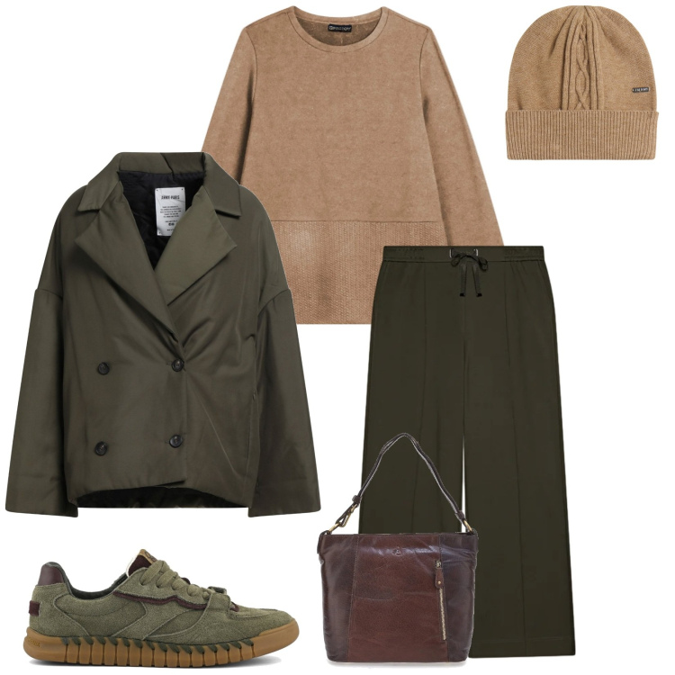 Outfit donna - Total look #2325742. Stile Urban per Tutti i giorni. Abbinamento con caban, berretti, felpe, sneakers, pantaloni, borse a spalla.