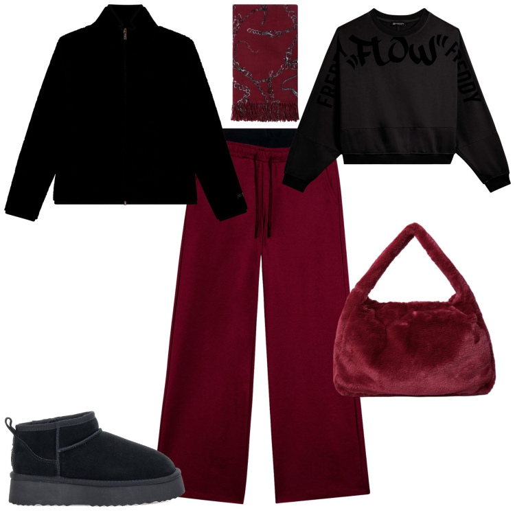 Outfit donna - Sporty chic ogni giorno. Stile Sporty chic per Tutti i giorni. Abbinamento con pantaloni, bomber, felpe, sciarpe, borse a spalla, stivaletti.