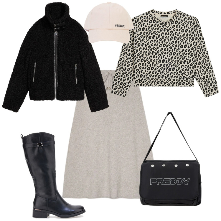 Outfit donna - Sporty chic ogni giorno. Stile Sporty chic per Scuola/Università. Abbinamento con ecopellicce, borse messenger, cappelli con visiera, felpe, gonne longuette, stivali.