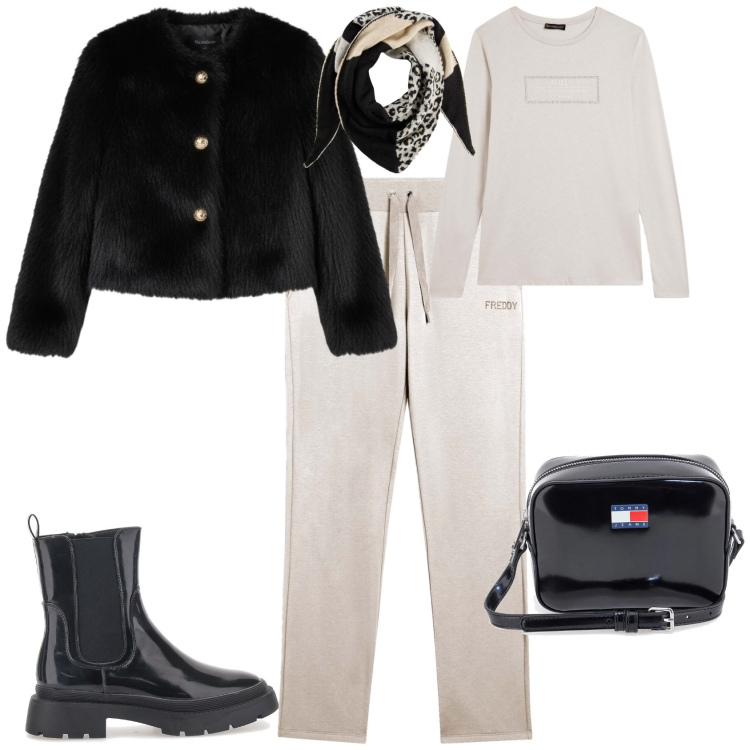 Outfit donna - Sporty chic ogni giorno. Stile Sporty chic per Scuola/Università. Abbinamento con foulard, pantaloni, t-shirt, ecopellicce, anfibi, borse a tracolla.