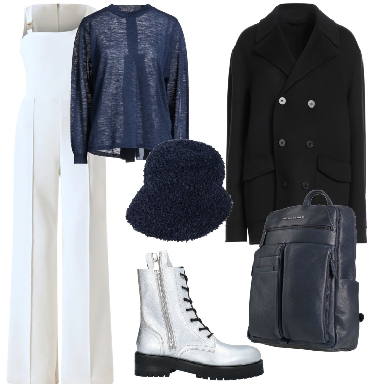 Outfit donna - In ufficio in bianco. per Ufficio. Abbinamento con anfibi, caban, zaini, pullovers, cappelli, tute.