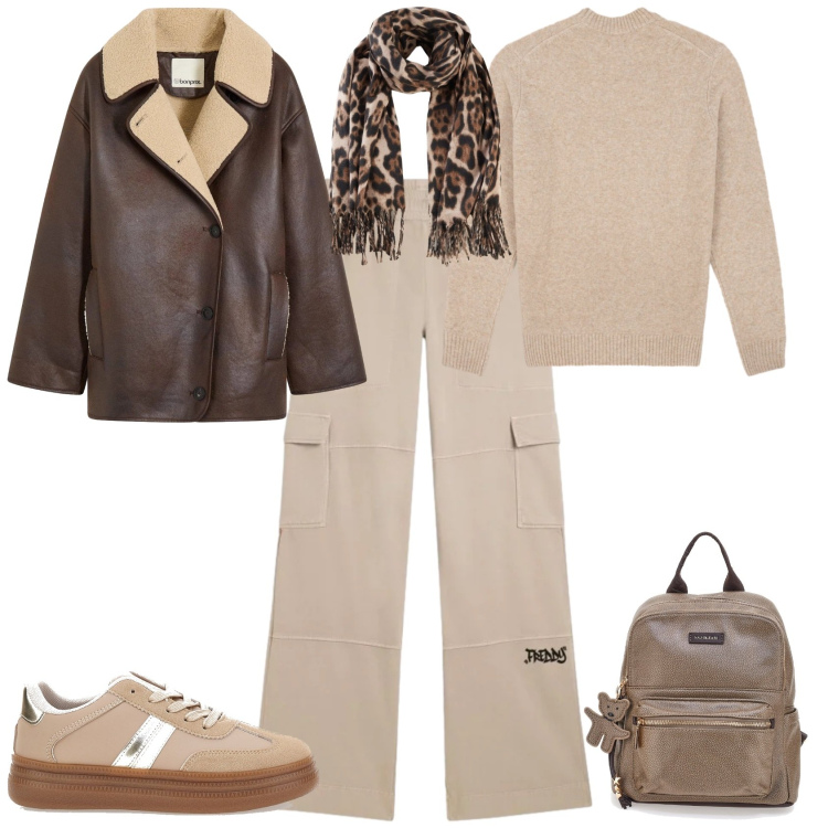 Outfit donna - Sporty chic ogni giorno. Stile Sporty chic per Scuola/Università. Abbinamento con blazer, foulard, pantaloni cargo, sneakers, zaini, maglieria.