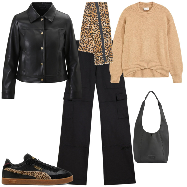 Outfit donna - Scuola universitaria. Stile Sporty chic per Scuola/Università. Abbinamento con maglieria, pantaloni cargo, borse a spalla, giacche, sneakers, foulard.