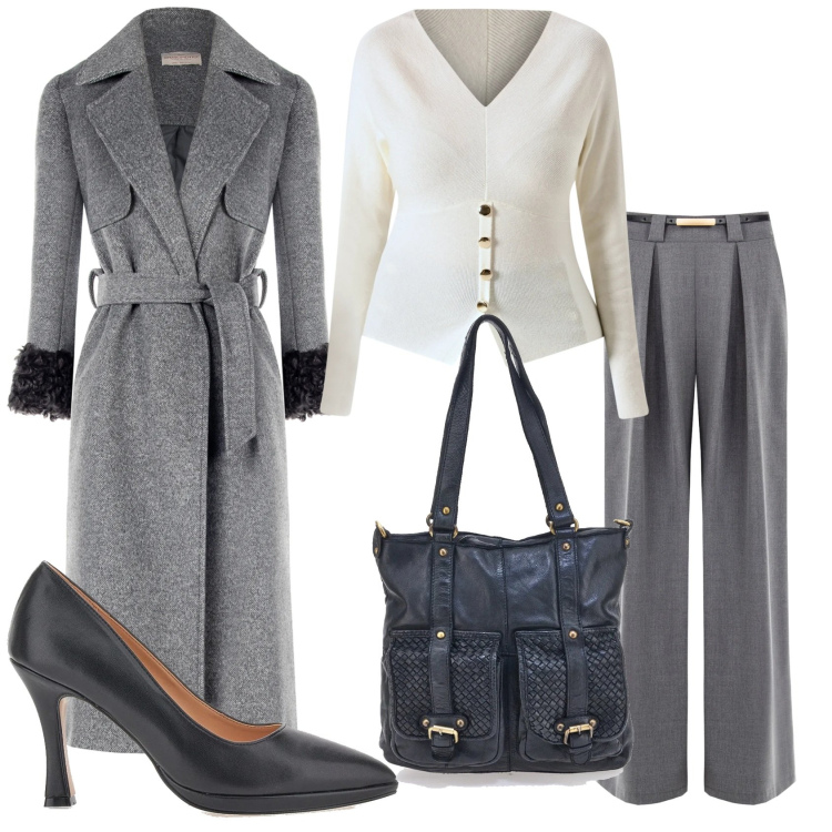 Outfit donna - Eleganza giornaliera. Stile Glamour per Tutti i giorni. Abbinamento con maglieria, cappotti, pantaloni a palazzo, décolleté, borse a spalla.