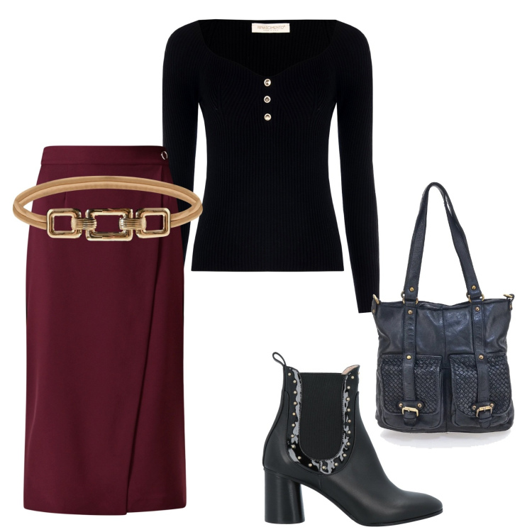 Outfit donna - In ufficio con stile. Stile Casual chic per Tutti i giorni. Abbinamento con stivaletti, pullovers, cinture, gonne, borse a spalla.