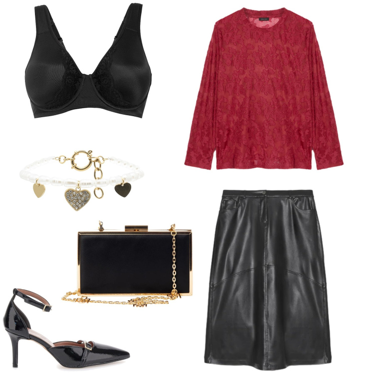Outfit donna - Velvet Shadows & Leather Sou. Stile Glamour per Serata fuori. Abbinamento con reggiseni, pochette, braccialetti, décolleté, gonne lunghe, bluse.