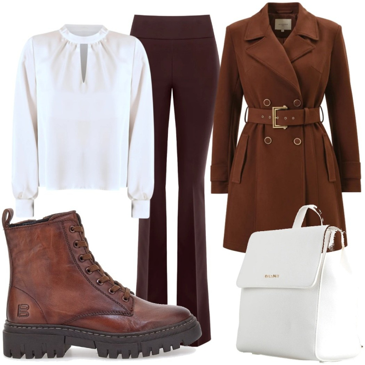Outfit donna - Cioccolato con panna. Stile Glamour per Ufficio. Abbinamento con zaini, bluse, pantaloni, trench, anfibi.
