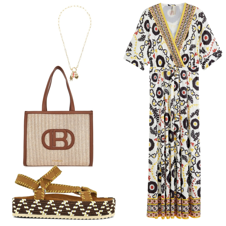 Outfit donna - Fuga al caldo. Stile Boho per Mare. look ideale per Tall. Abbinamento con vestiti, ciondoli, sandali, borse a spalla.