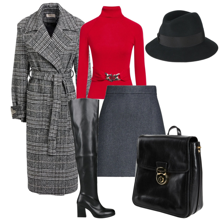Outfit donna - Curvy- passeggiata chic. Stile Chic per Serata fuori. Abbinamento con cappotti, stivali sopra il ginocchio, cappelli, minigonne, zaini, maglieria.