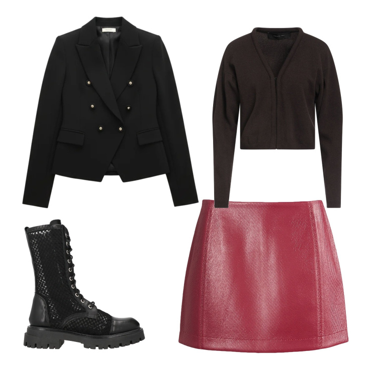 Outfit donna - A passeggio per la città. Stile Casual per Tutti i giorni. Abbinamento con cardigans, minigonne, anfibi, blazer.