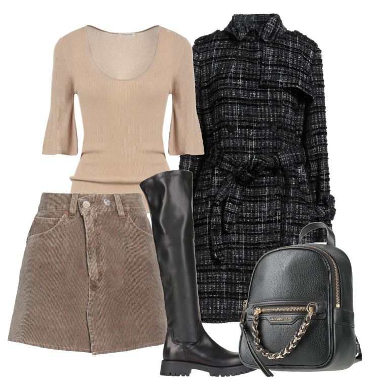 Outfit donna - Curvy sportiva con gonna e stivali alti. Stile Casual chic per Tutti i giorni. Abbinamento con cappotti, zaini, minigonne, pullovers, stivali sopra il ginocchio.