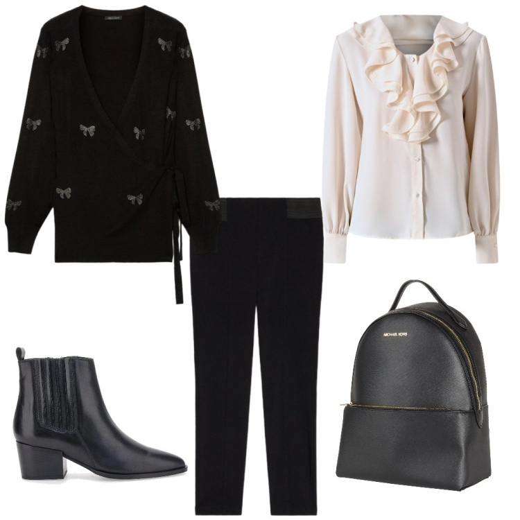 Outfit donna - Winter look 2. Stile Casual chic per Tutti i giorni. Abbinamento con zaini, bluse, cardigans, stivaletti chelsea, jeggings.