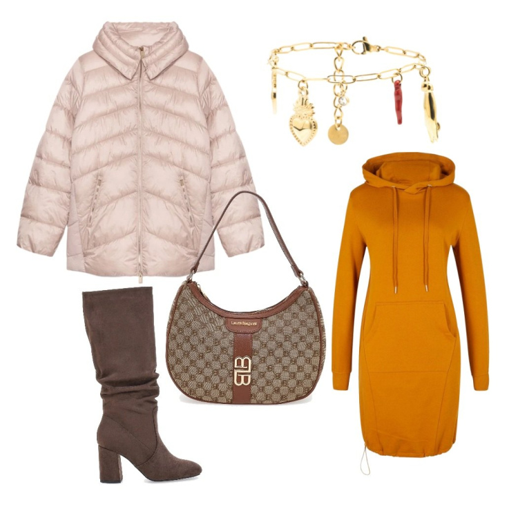 Outfit donna - Total look #2325809. Stile Casual per Tutti i giorni. Abbinamento con vestiti, braccialetti, piumini, borse a spalla, stivali sopra il ginocchio.