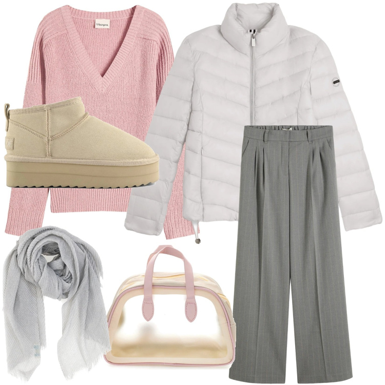 Outfit donna - Passeggiata nordica. Stile Basic per Tutti i giorni. Abbinamento con pantaloni a palazzo, maglieria, piumini, foulard, valigie, stivaletti.