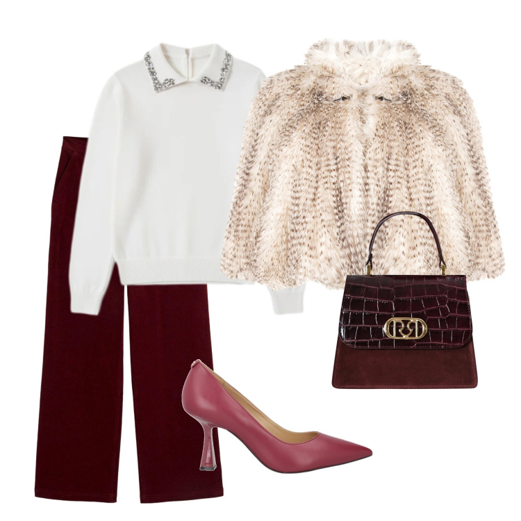 Outfit donna - Cena di lavoro. Stile Chic per Serata fuori. Abbinamento con pantaloni, décolleté, ecopellicce, borse a mano, pullovers.