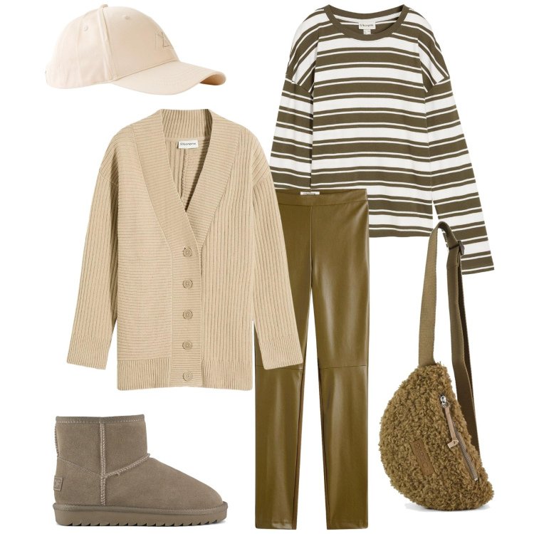 Outfit donna - Total look #2325890. Stile Casual per Tutti i giorni. Abbinamento con cappelli con visiera, cardigans, maglieria, pantaloni, stivali, marsupi.