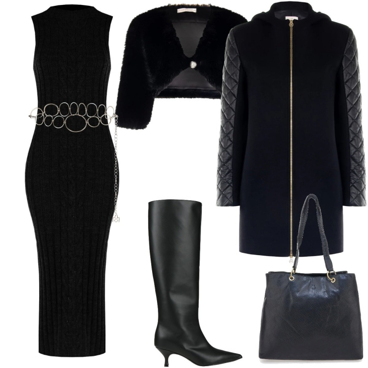 Outfit donna - Serata elegante in lana e velluto. Stile Chic per Serata fuori. Abbinamento con stivali, cappotti, cinture, vestiti midi/longuette, bolero, shopping bag.