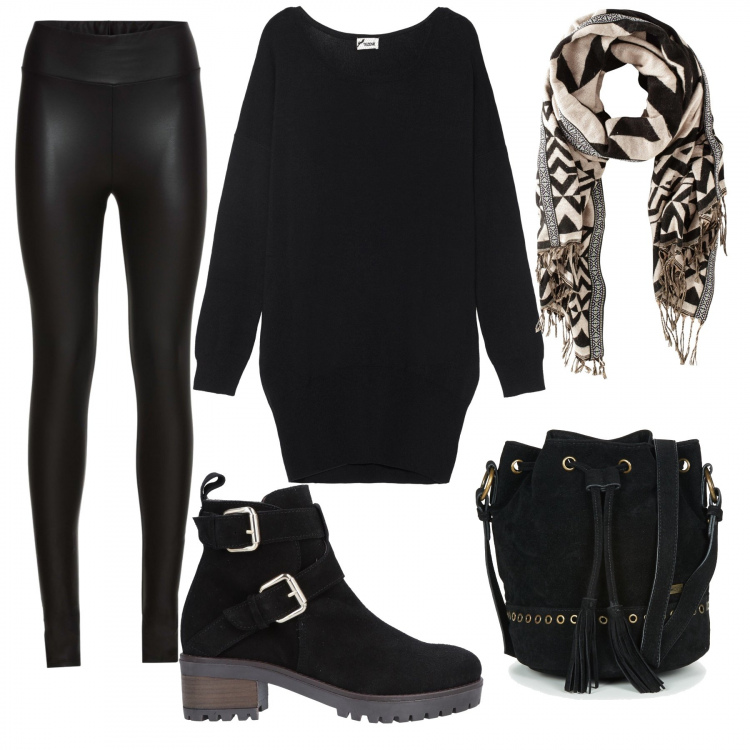 Outfit donna - Trendy #3122. Stile Trendy per Tutti i giorni. Abbinamento con treggings, scialli, stivaletti effetto scamosciato con tacco squadrato e fibbia con punta tonda tinta unita, borsa a tracolla nero, vestito.