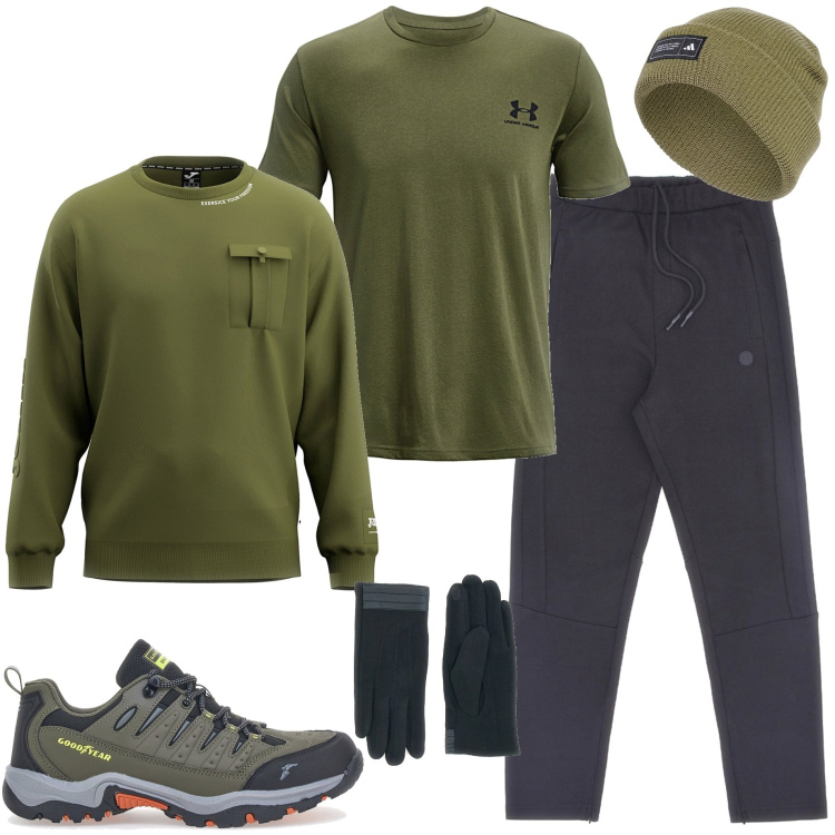 Outfit uomo - Allenamento al giovedì. Stile Casual per Sport. Abbinamento con berretti, t-shirt sportive, felpe, scarpe sportive, guanti, pantaloni sportivi.