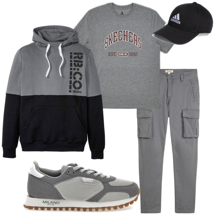 Outfit uomo - Casual style. Stile Casual per Tutti i giorni. Abbinamento con felpe con cappuccio, pantaloni cargo, sneakers, cappelli con visiera, t-shirt.