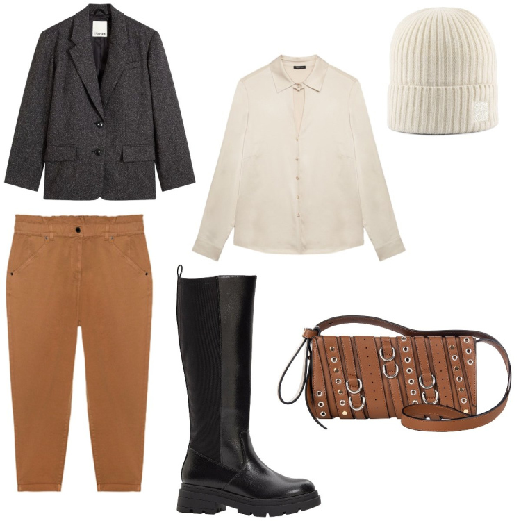 Outfit donna - Atmosfera che non è altro. Stile 70s per Tutti i giorni. Abbinamento con stivali, blazer, borse a spalla, pantaloni, berretti, camicie.